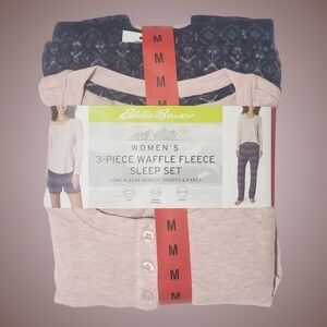 Eddie Bauer Pajama Set Waffle Fleece 3-Piece Women Pink Sleepwear Fall Cozy NWT